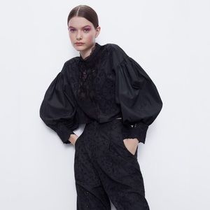 NWT Zara Embroidered Balloon Sleeve Blouse